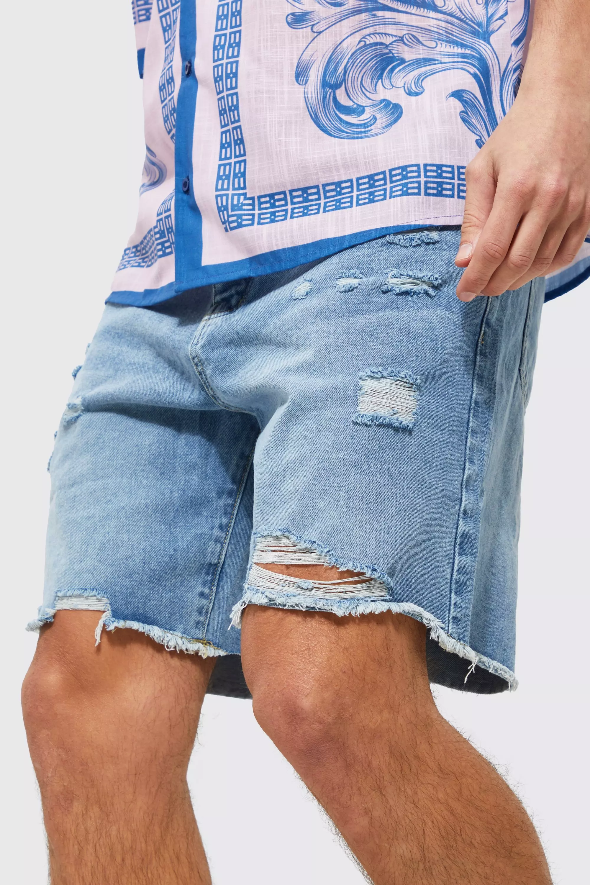 Relaxed Fit Rigid Multi Rip Jean Shorts boohooMAN USA